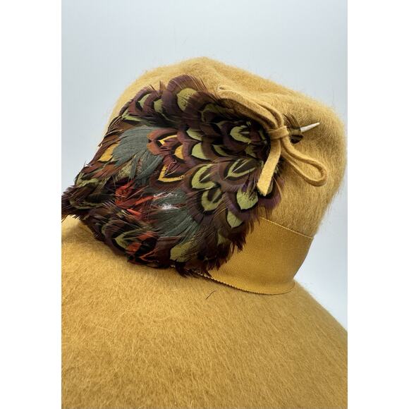 Melosoie Henry Pollak Yellow 100% Wool Hat with Ribbon Band Feather 10” Derby 7 - Picture 3 of 9